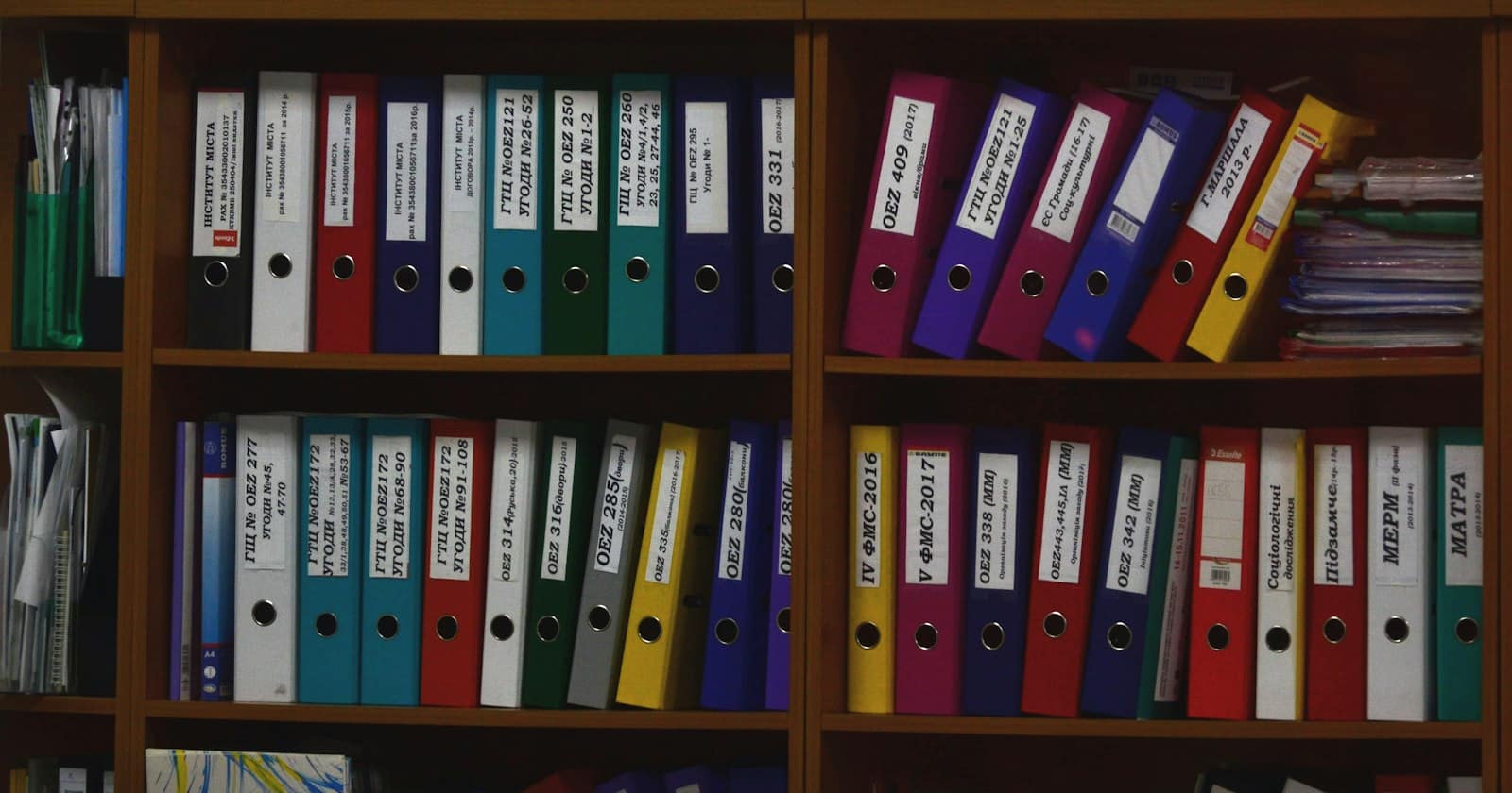 A row of archive folders and files in a cabinet