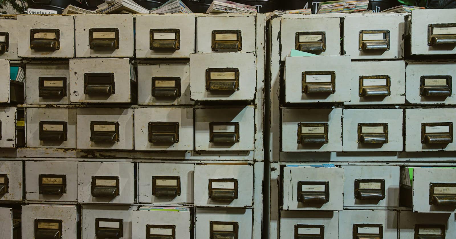 Archived paper files stacked in a storage room, with older boxes fading into the background.